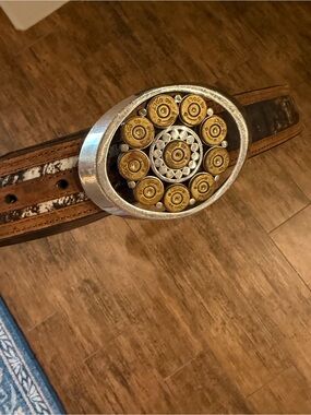 Nocona Belt Co Men’s Western Leather Belt Size 46 Brown Camo 12 Gauge Shell Buck